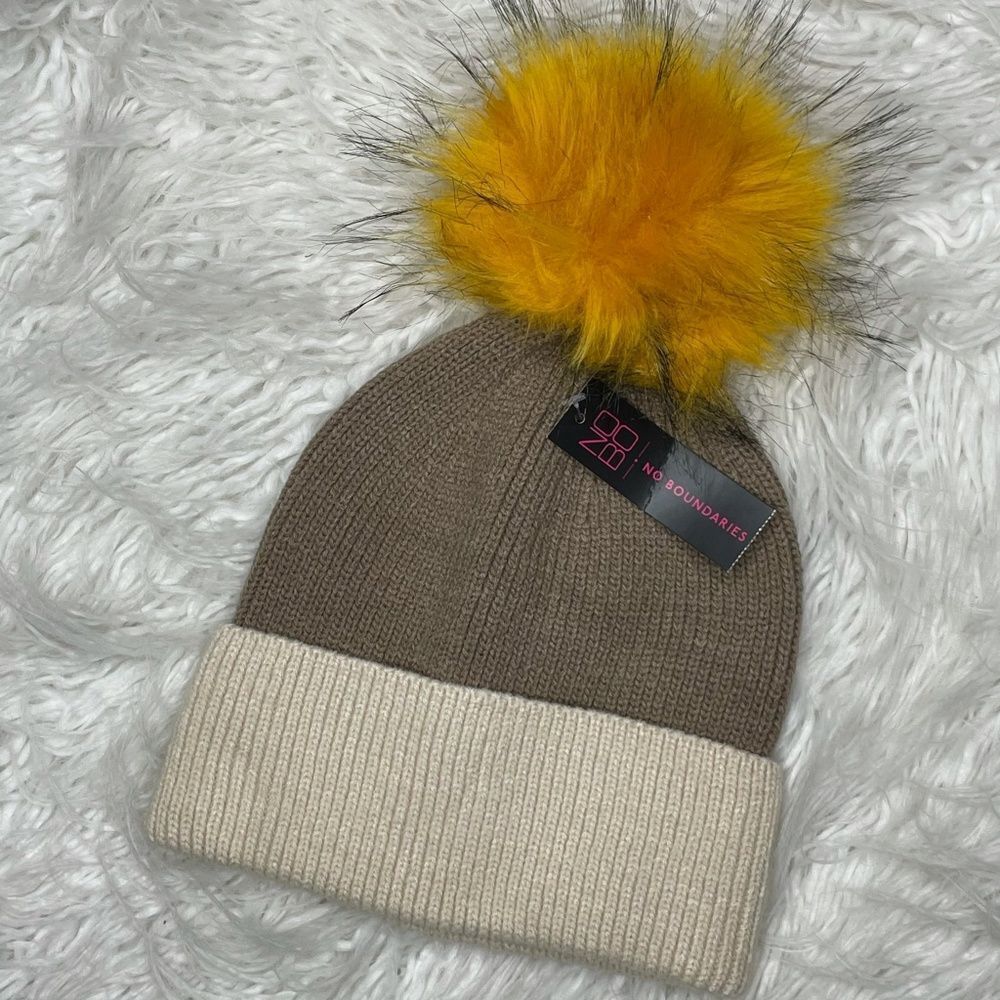 No Boundaries- Brown + Cream Beanie w/Yellow Pom